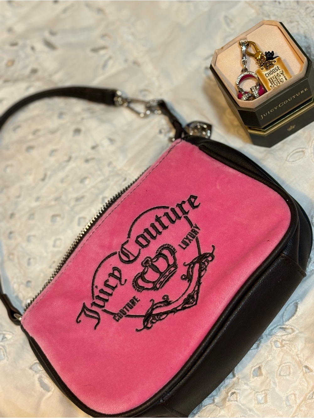 Vintage Juicy Couture Pink Velour Mini Purse + 2 Charms & Box